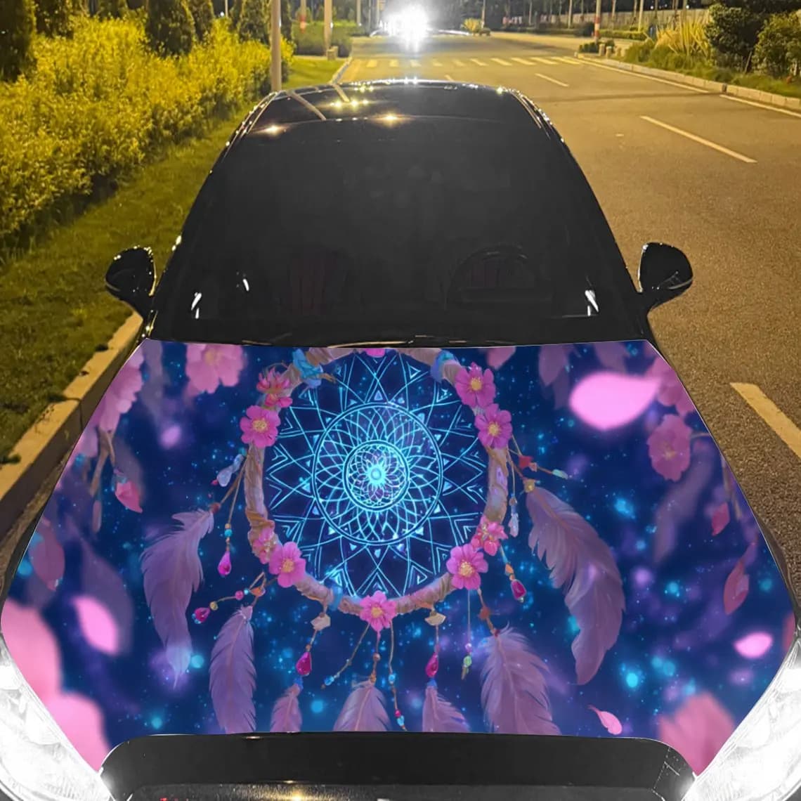 Magical Floral Dreamcatcher Car Hood Sticker, Waterproof Self-adhesive Vehicle Vinyl Wraps Decal, Trendy Auto Exterior Decoratio