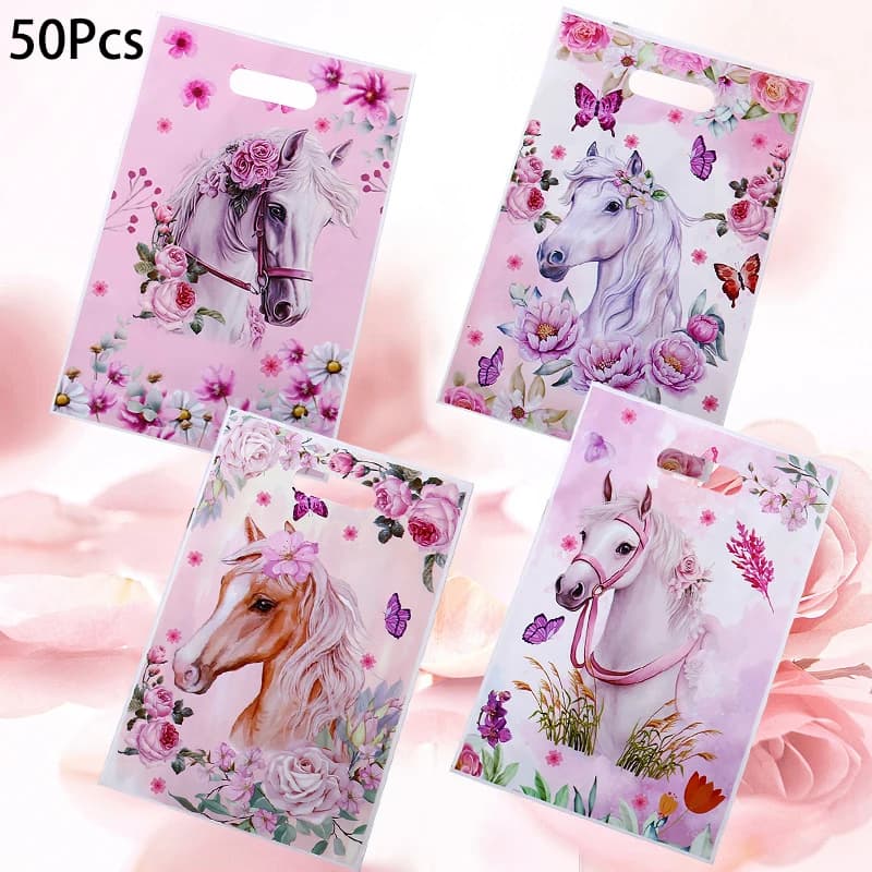 50 pezzi borsa per imballaggio regalo OPP a tema cavallo rosa borsa per torta di caramelle cowgirl per ragazza compleanno addio al nubilato decorazione della festa nuziale