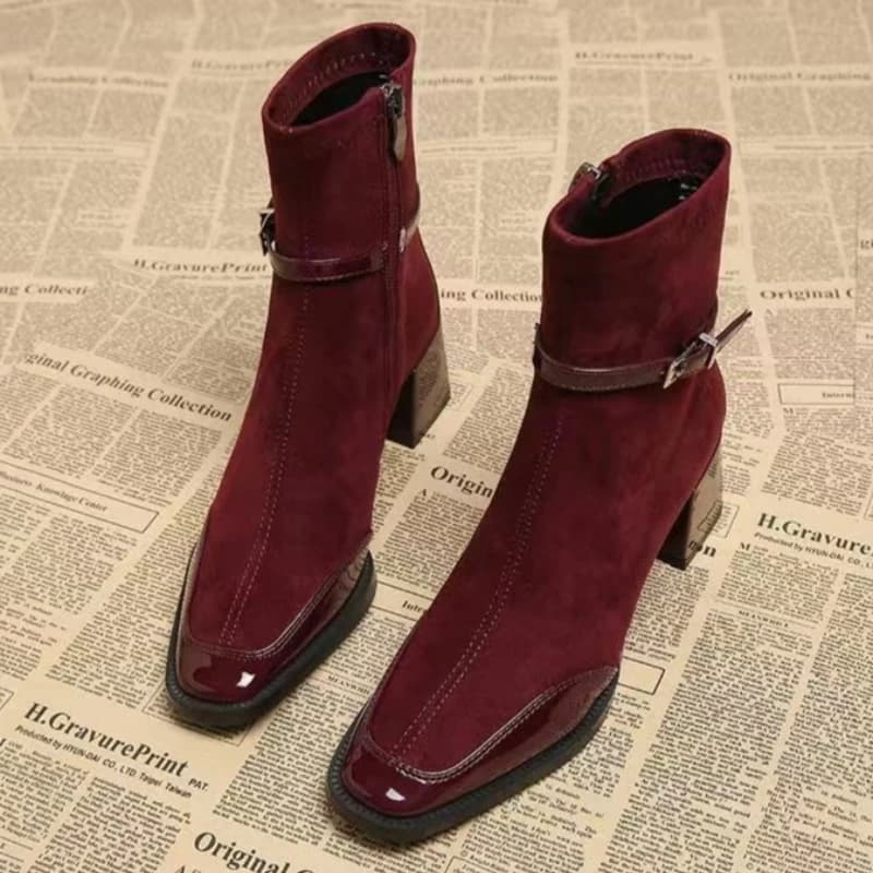 2026Winter Suede Patchwork Square Toe Ankle Boots Fashionable Thick-Soled Motorcycle Boots Trendy New Women Casual Chelsea Boots