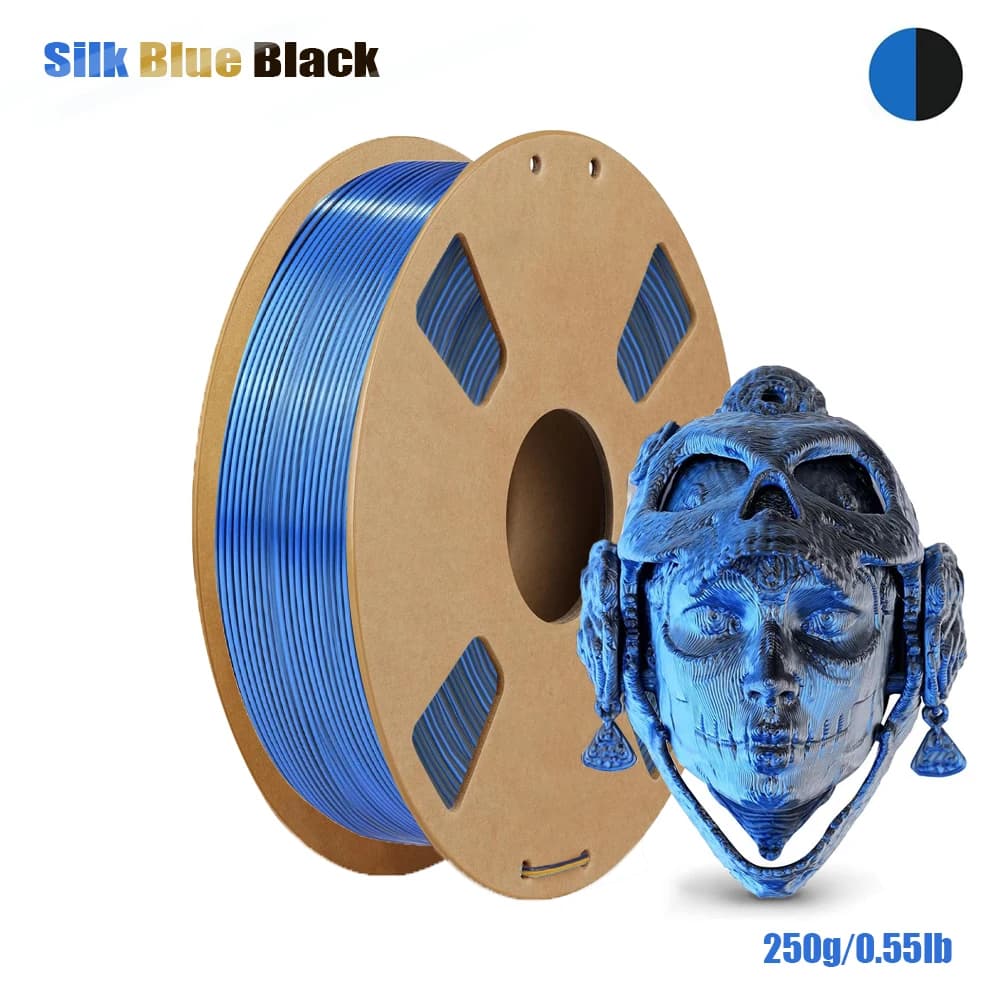 Filamento PLA Bicolore Effetto Seta 1.75mm, Avvolgimento Preciso, Finitura Lucida, Precisione ±0.02mm, Bobina da 200g/250g/500g/1000g, Nero Blu