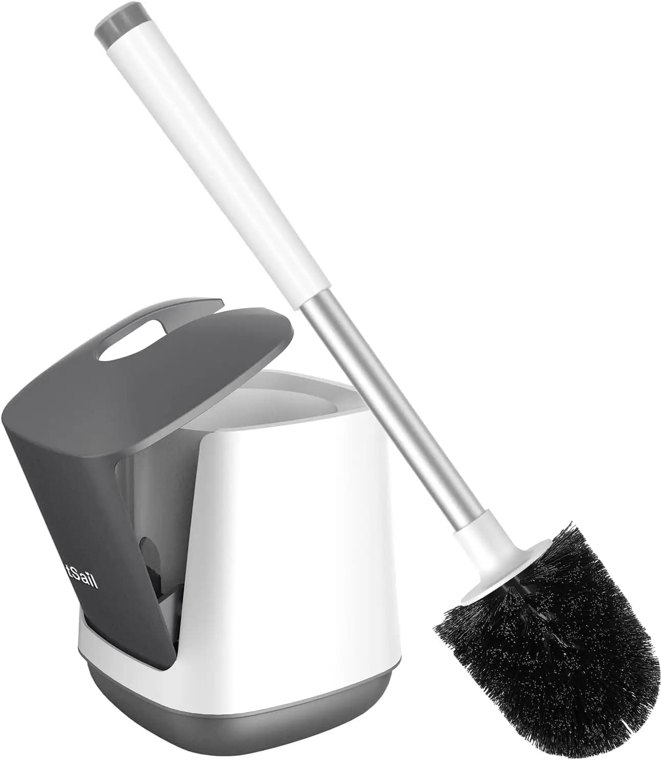 Set di scopini per WC con chiusura automatica, manico extra lungo, setole in nylon, bianco e grigio