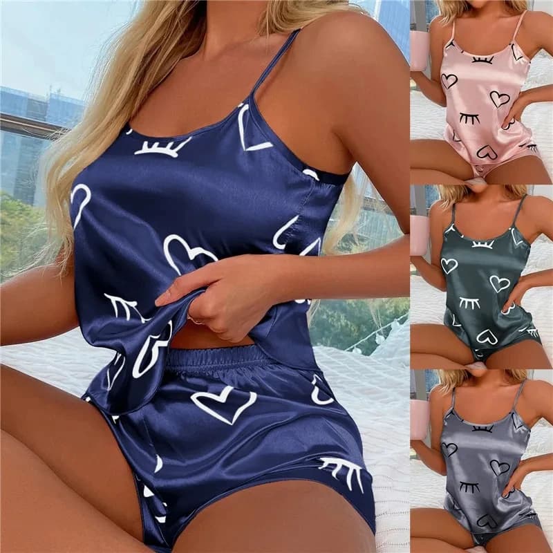 Pigiama da donna in seta ghiaccio, completo canotta e pantaloncini, taglie L XL XXL, grigio rosa, scollatura bassa, comodo, casual, estivo