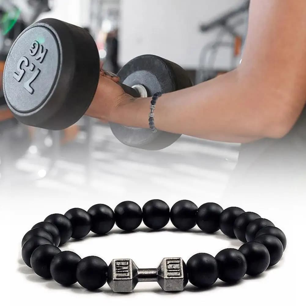 Bracciale con manubri in pietra lavica vulcanica nera naturale Braccialetti con perline nere opache Braccialetti con bilanciere fitness Pulseras per le donne