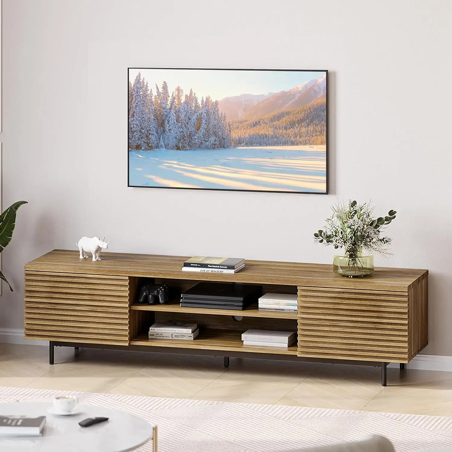 BELLEZE Mobile TV Scanalato per TV fino a 75 pollici, Centro Intrattenimento Moderno con Spazio di Archiviazione e Gestione Cavi