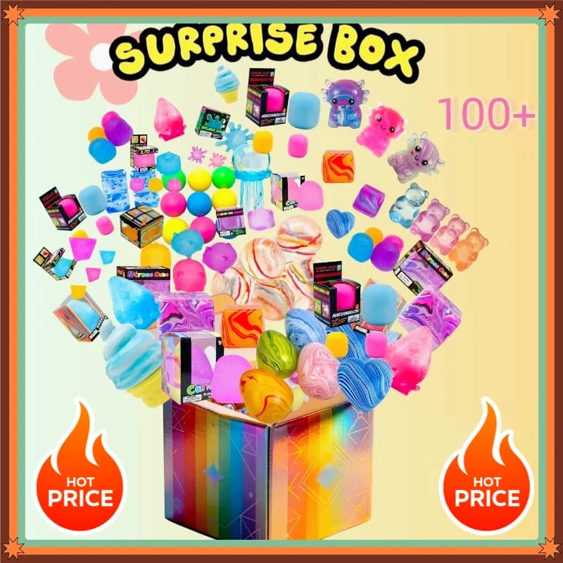 OO 100+Pcs Surprise Box Toys Novelty Stress Relief Assorted Squishy Figures Blind Box Fun Mystery Fidget Stress Relief Surprise