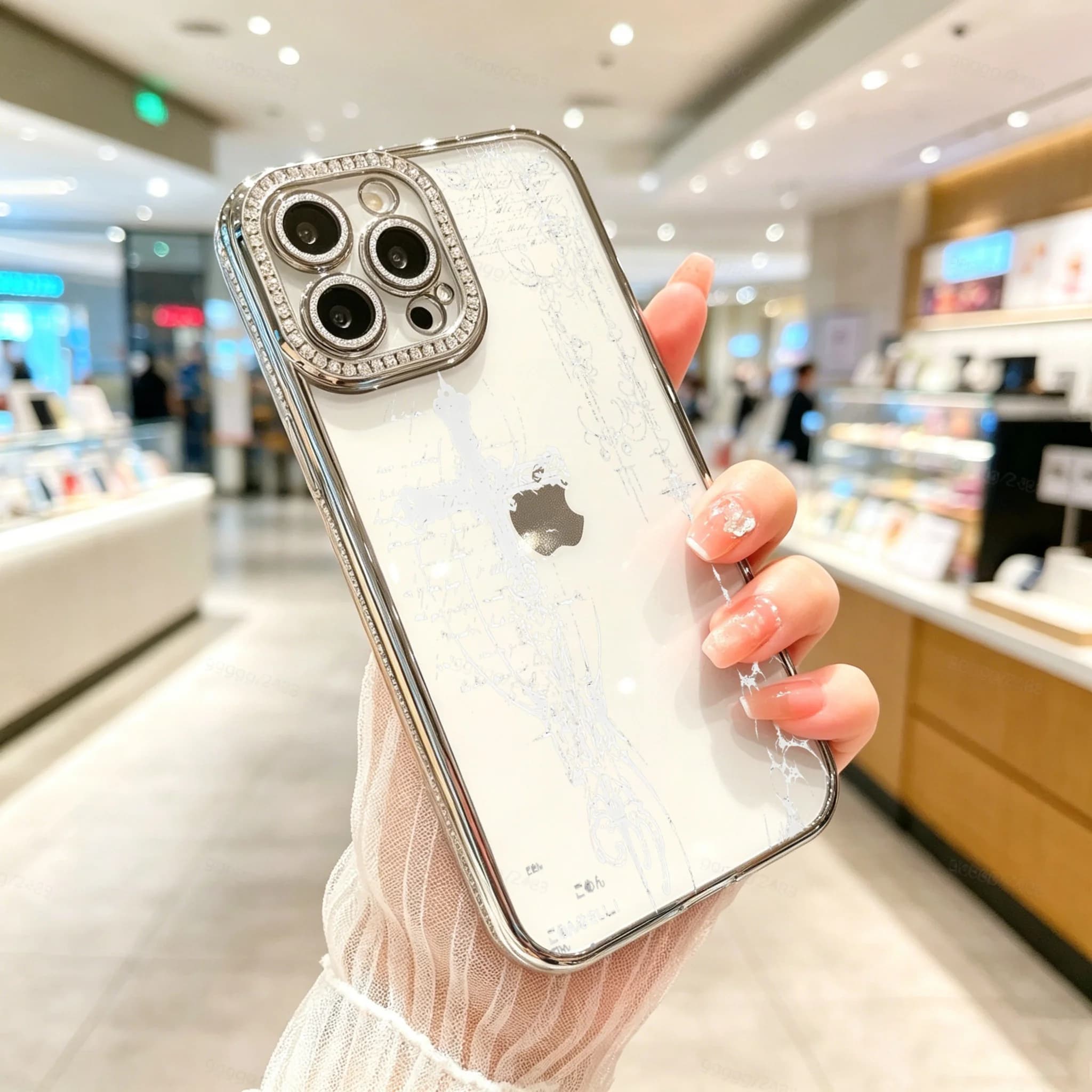 Diamond Electroplated TPU Phone Case for iPhone, Luxury Rhinestone Camera Frame, Marble Pattern Clear Phone Case , Luxury Glitter Rhinestone Frame, Built-in Lens Protector, Anti-Slip Shockproof Clear Cover