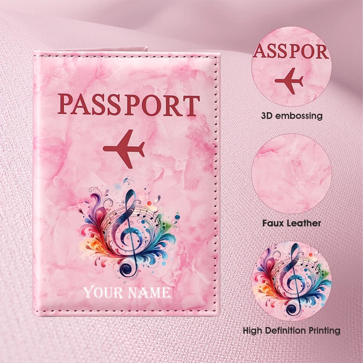 Personalized Name Watercolor Music Note Art Design PU Passport Holder, Featuring an Abstract Musical Symbol and Vibrant Colors