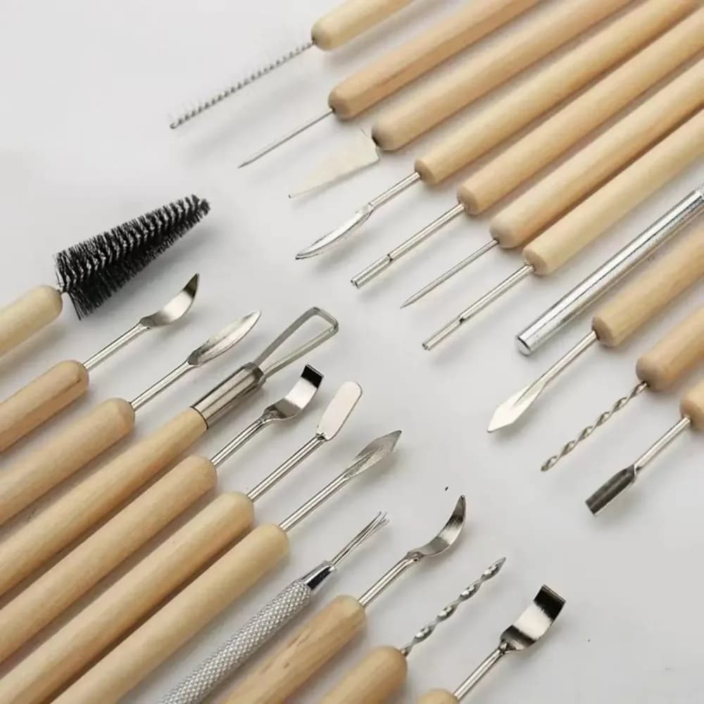 1SET Pottery Clay Sculpting Modeling Tool Set Double-Sided Ceramic Polymer Clay Carving Tools Kit with Smooth Wooden Handle