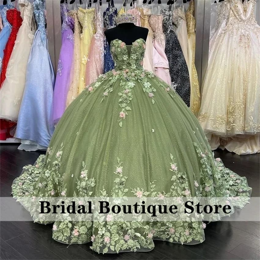 Abito Quinceanera verde di lusso con perline e applicazioni di fiori, abito da ballo dolce 16 abiti da festa di compleanno personalizzati