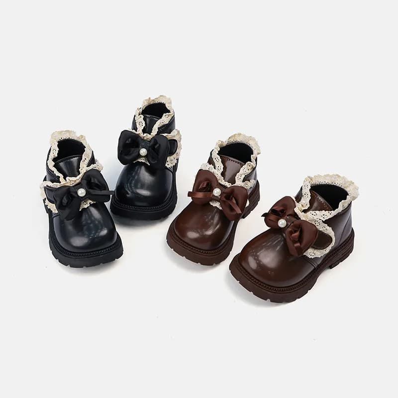 Mumoresip Little Girls Ankle Boots Lace Bow Pearl Kids Lolita Boots Solid Color PU Leather Non-Slip Children Dress Short Boots