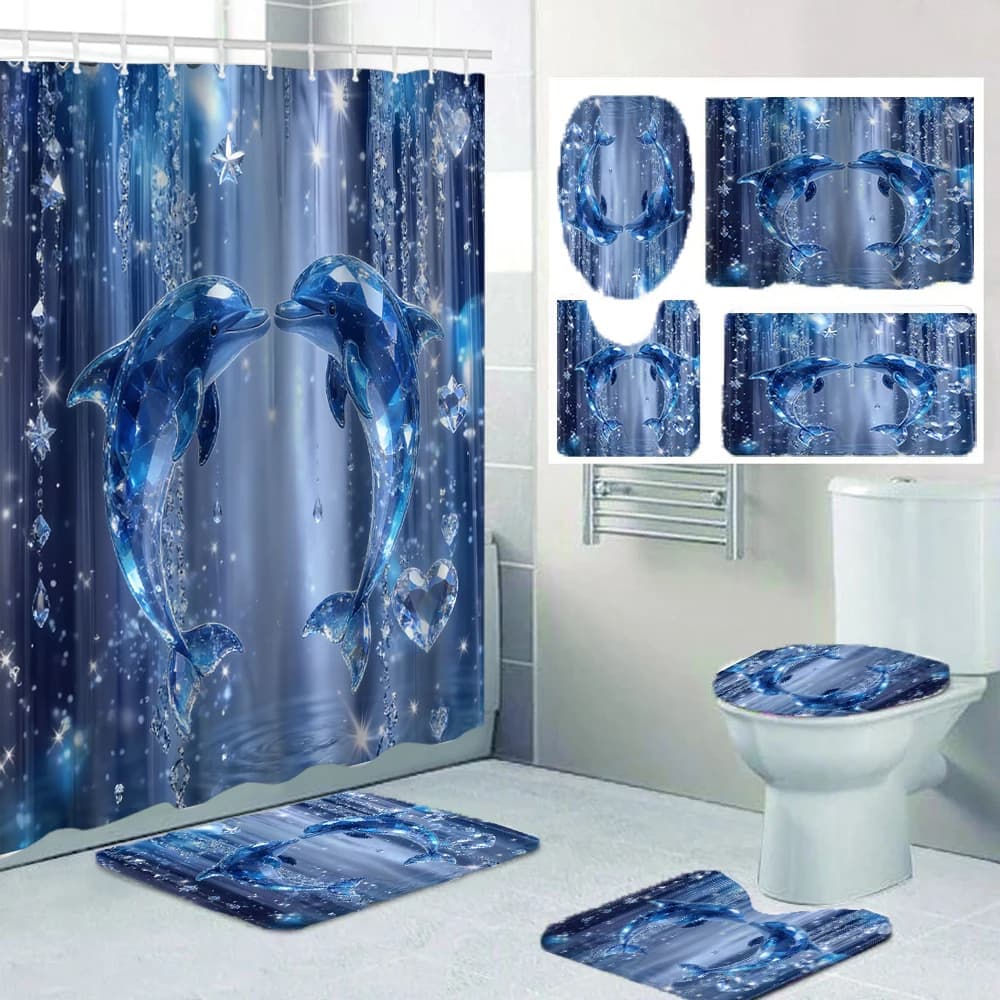 Set Tenda Doccia 4/1 Crystal Dolphin, Decorazione per Sedile WC, Tenda Doccia con Tappeto e Coperchio WC, Dimensioni 70.8x70.8 pollici