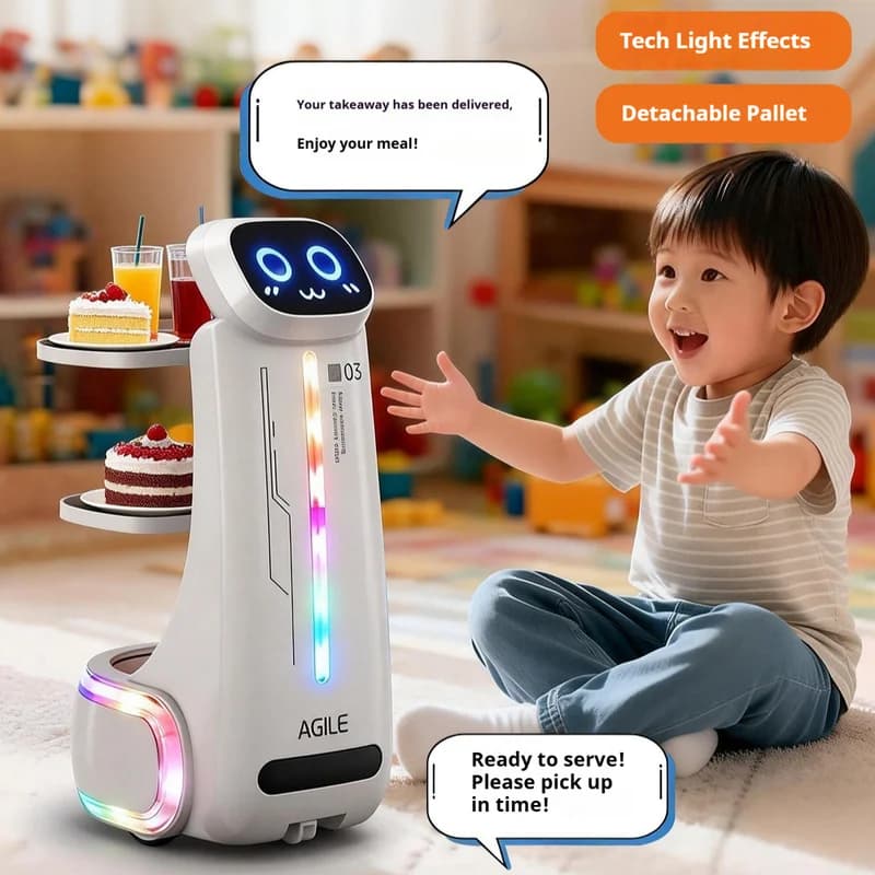 Robot di Consegna Telecomandato Agile 03 con Vassoio a Due Livelli, Funzione Vocale, Luci LED Colorate ed Effetti Sonori - Giocattolo Interattivo per Bambini e Bambine