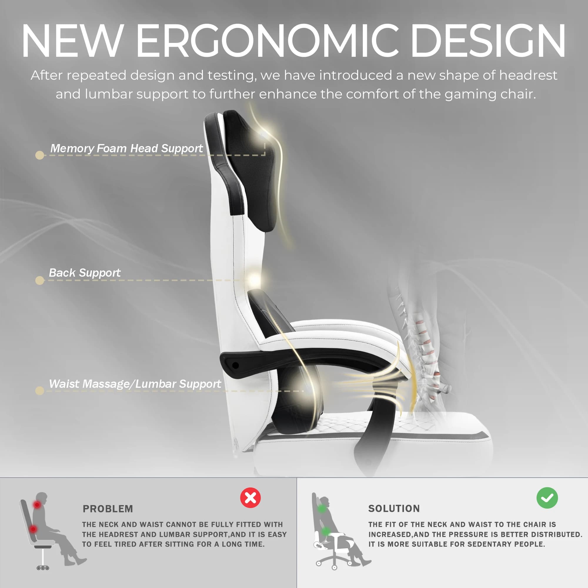 Ergonomic Gaming Chair European Design Steel Frame Heated Cooling Massage Lumbar Support Swivel Adjustable Height Pocket Spring