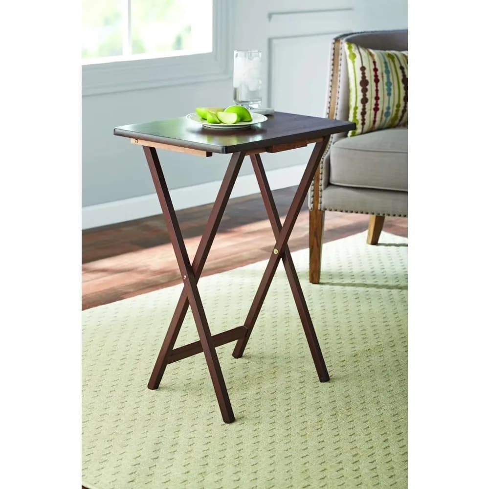Rubberwood Folding TV Tray Table with Walnut Finish, Portable Laptop Desk for Bed and Sofa, Space Saving Side Table for Snacks, Drinks, Easy Storage Home Furniture