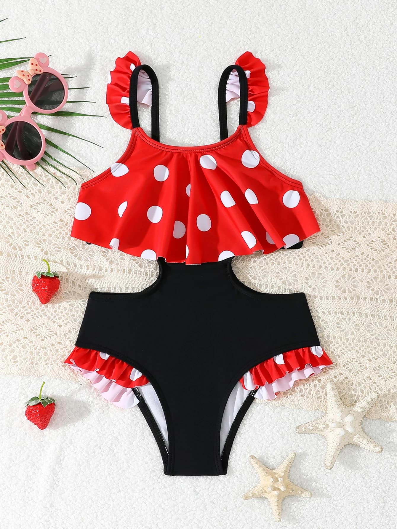 Costume da bagno intero per bambine 2026 con volant e stampa, modello scollato, per nuoto e bagno, 4-7 anni