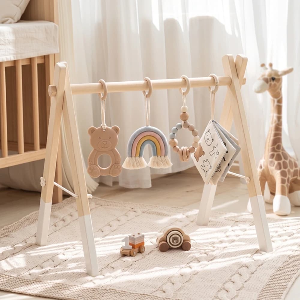 Wooden Workout Rack Toys Play Gym Mobile Hanging Sensory Toys Foldable Play Gym Frame Activity Gym 0 - 12 months Baby Activity
