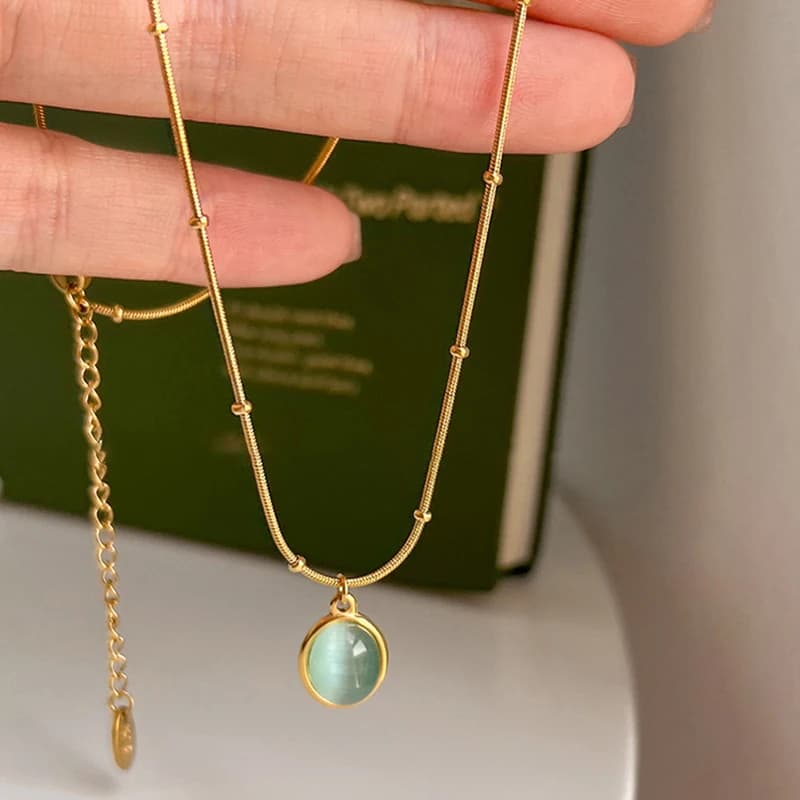 Collana con ciondolo ovale blu mare in argento sterling 925, gioielli da sposa con catena in osso con chiusura in pietra occhio di gatto da donna squisita