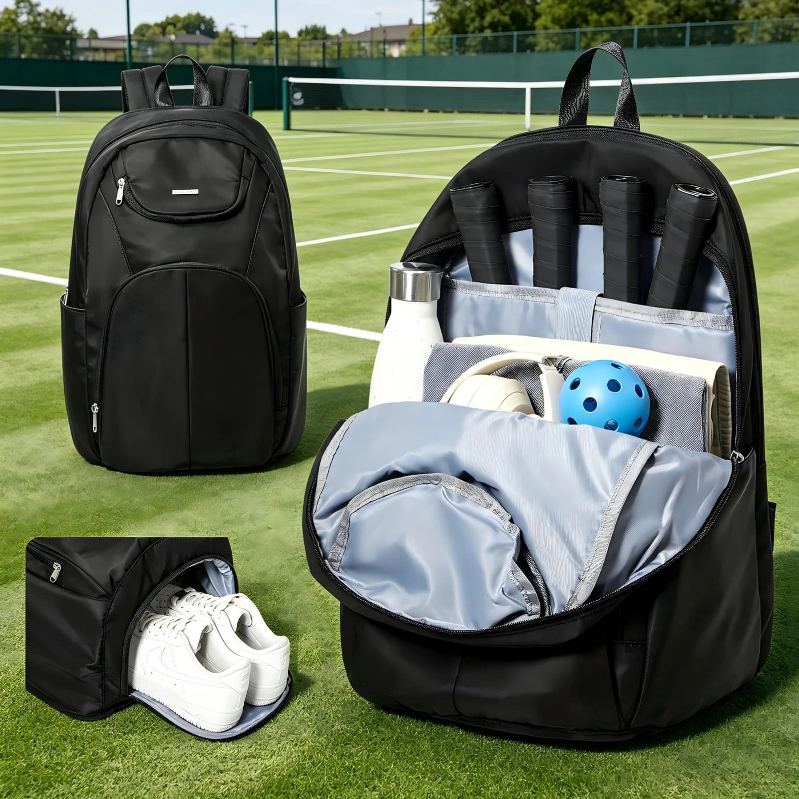 Borsa da Tennis Zaino per Tennis con 2 Racchette per Donne e Uomini, Borse Grandi con Tasche Multiple e Scomparto per Scarpe, Zaino Sportivo da Viaggio