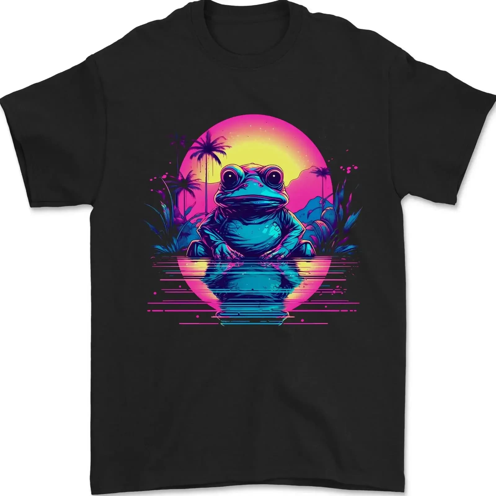 Maglietta da uomo Retrowave Frog in a Sunset 100 Baumwolle vintage Washed Soft Casual, abbigliamento di design, moda versatile