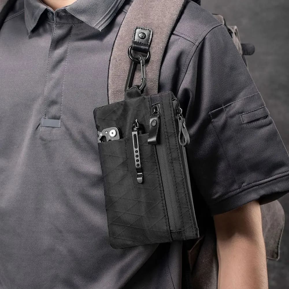 Portafoglio funzionale da uomo resistente alle intemperie Blocco RFID con cinturino Porta carte di credito Slot esterni Porta carte EDC da viaggio