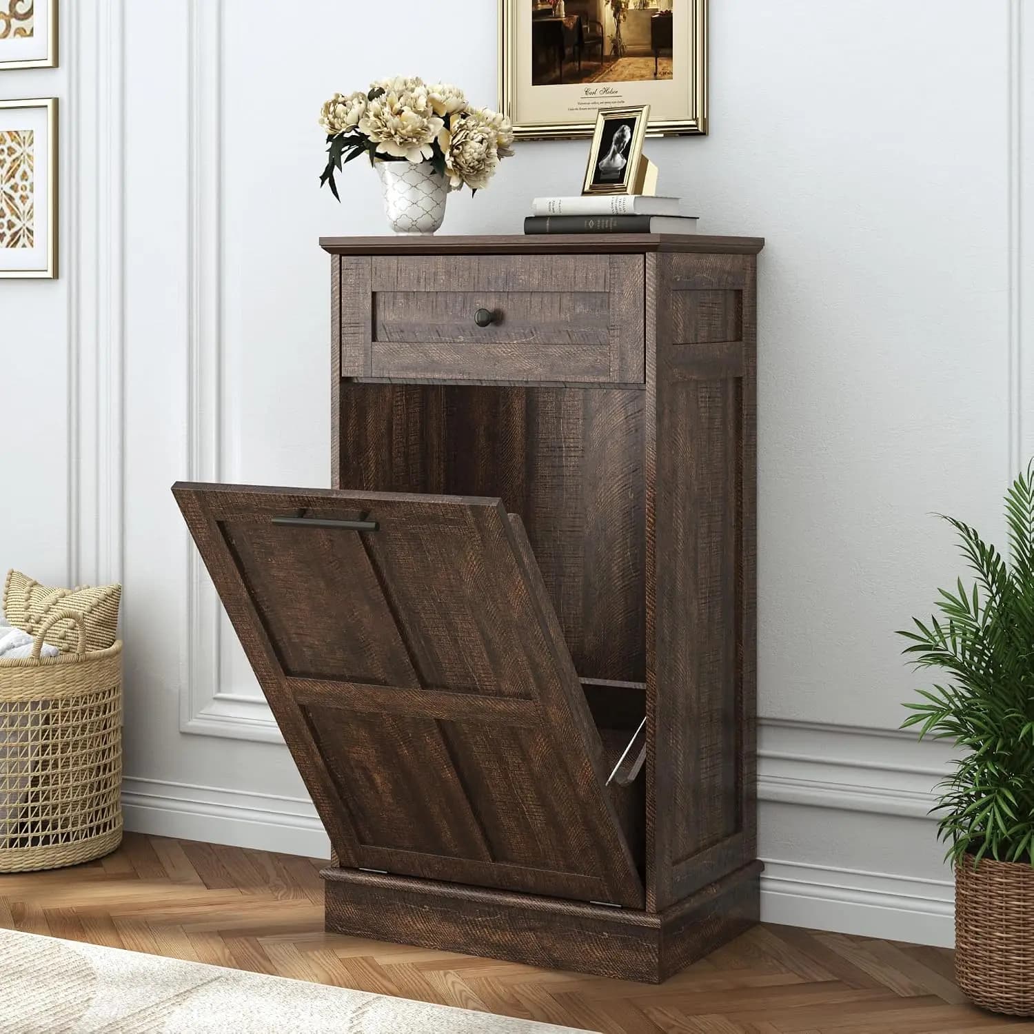 Farmhouse Tilt-Out Trash Can Cabinet, 13Gallon Laundry Hamper with Drawers, Wooden Hidden Garbage Can Cabinet, Customized