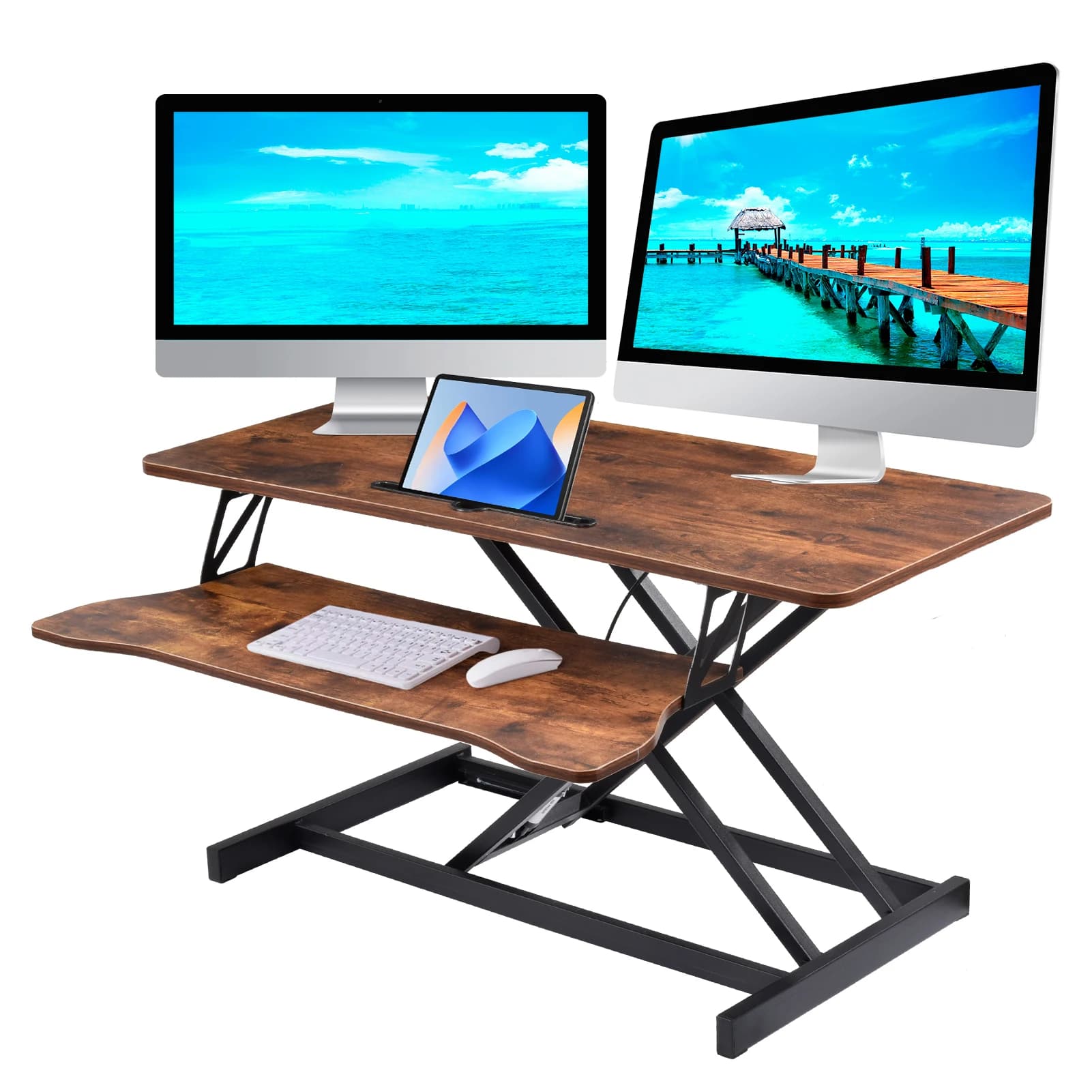 Convertitore per scrivania regolabile in altezza, postazione di lavoro per laptop con molla pneumatica, vassoio per tastiera e supporto per monitor per ufficio domestico