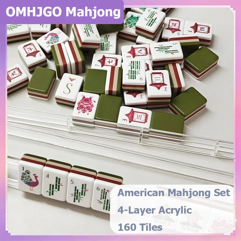 Set Mahjong Americano di Lusso 160 Pezzi, 4 Strati in Acrilico Verde Oliva, Gioco Mahjong Portatile, Regalo Sorpresa, Spedizione Gratuita