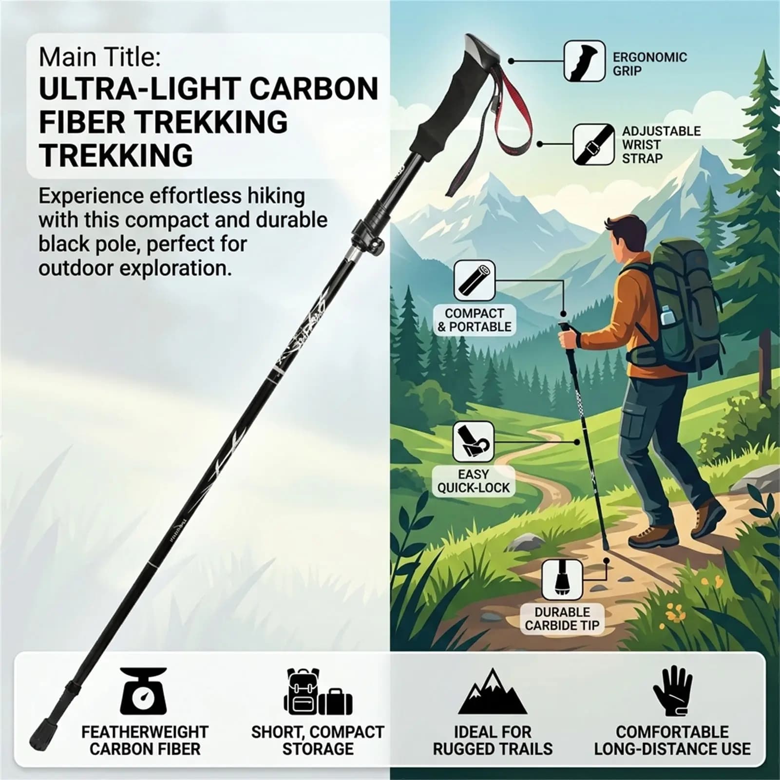 Light Carbon Fiber Trekking Sticks, Anti-slip Grip Hiking Equipment, Adjustable Stick for Camping and Hiking