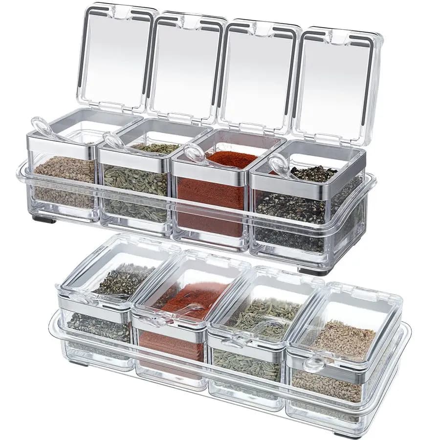 Set Scatola portaoggetti per condimenti in acrilico 10 x 4 x 3,2 in 8 Contenitore trasparente per condimenti in vaso per spezie con coperchio e cucchiaio