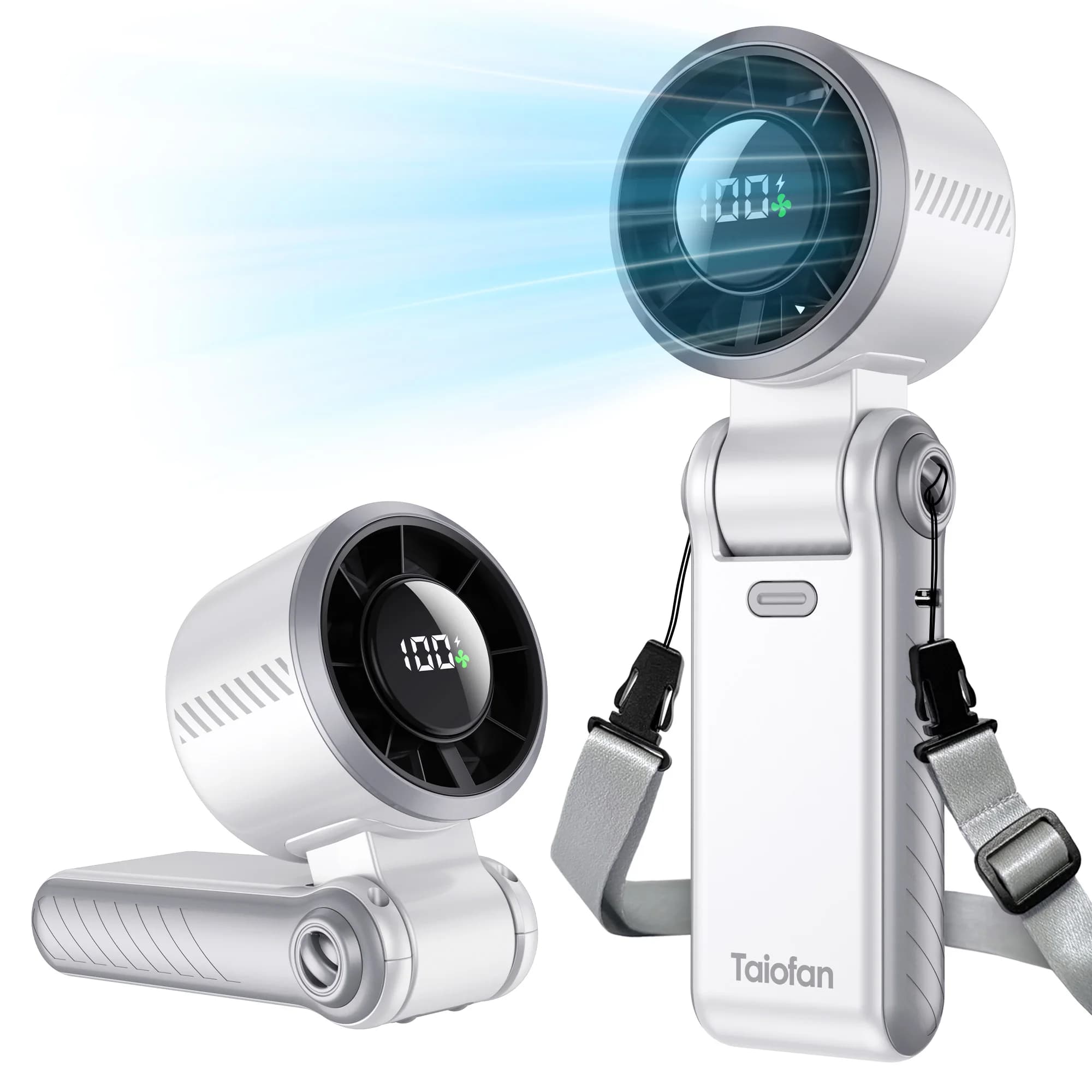 With a hand-held fan belt, USB-C rechargeable personal fan, battery-powered portable fan, mini pocket fan suitable for women, men, makeup, travel, office, and outdoor use.