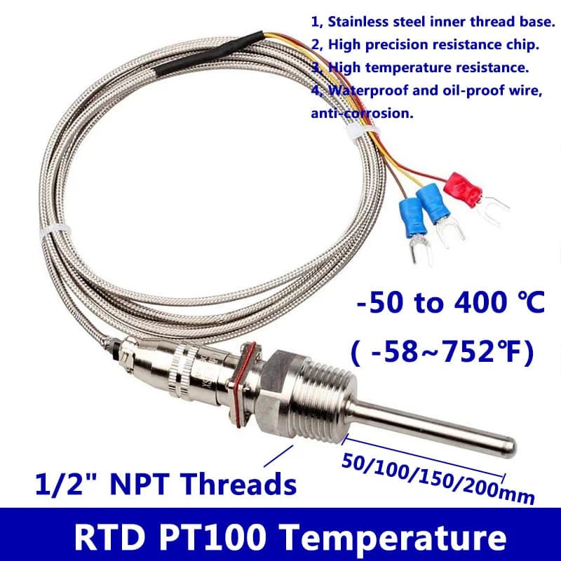 RTD PT100 Temperature Sensor 50~200mm Probe 1/2" NPT Threads with 1~5m Cable -58°F-572oF Waterproof and Oil-Proof Anti-Corrosion