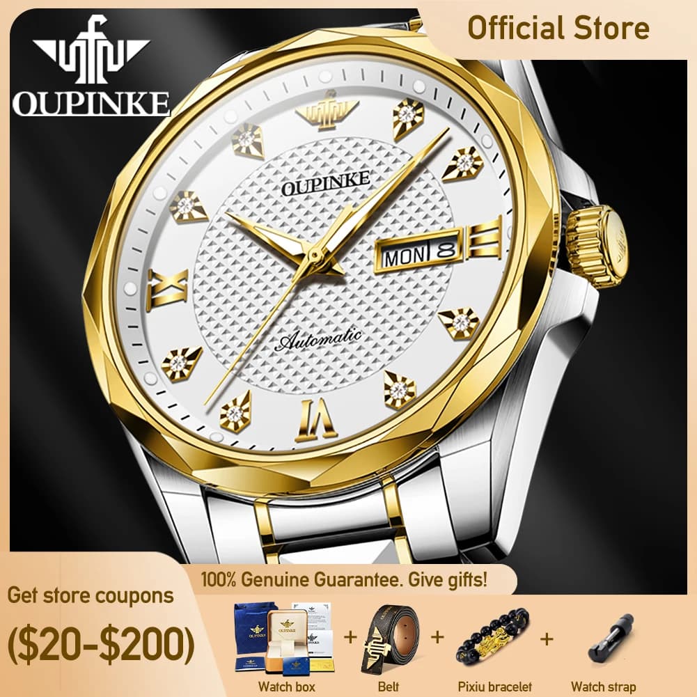 OUPINKE 3243 Orologi da uomo originali di lusso in acciaio inossidabile Orologio meccanico automatico Orologio luminoso impermeabile Specchio zaffiro