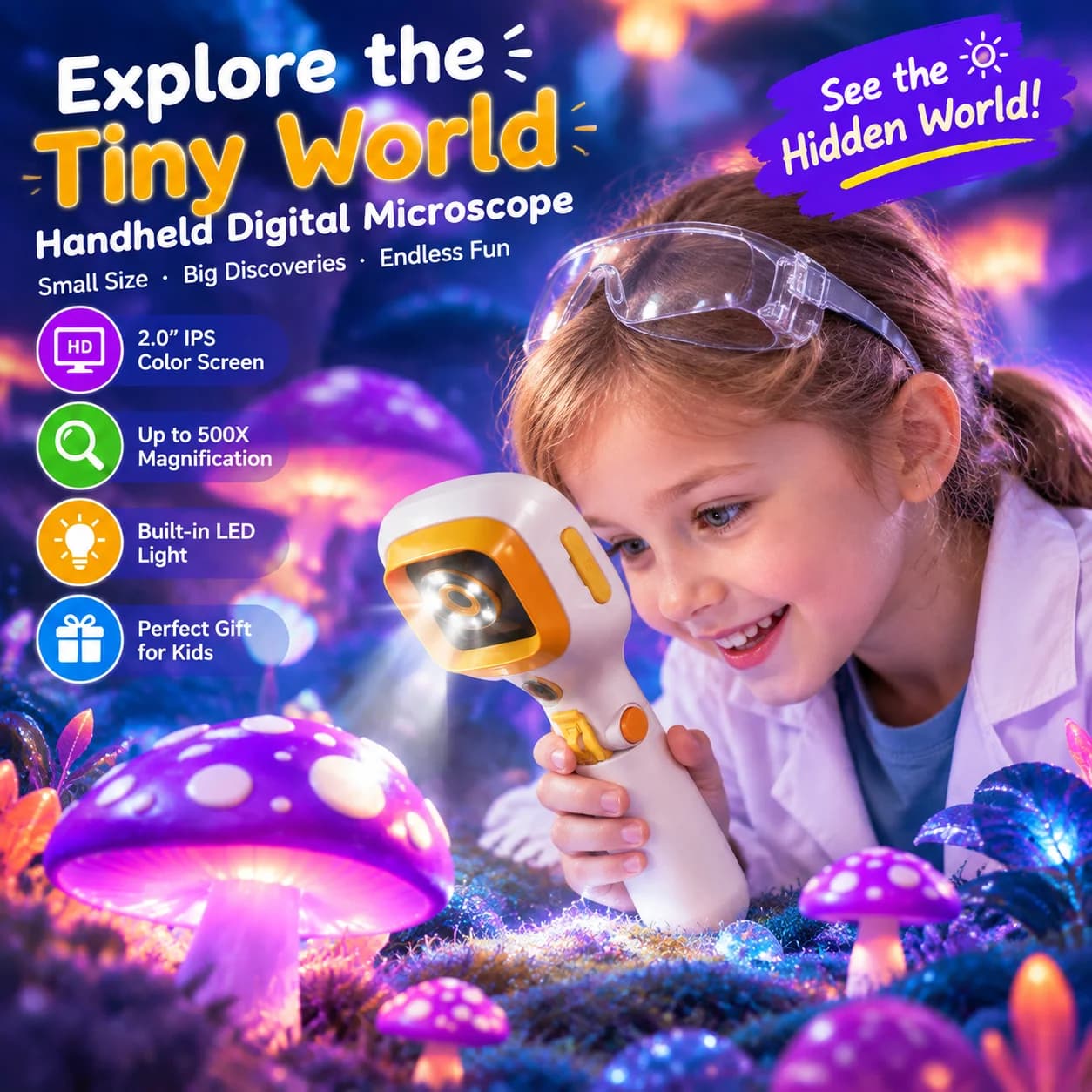 Portable Kids Microscope Toy, Foldable Handheld Design with LED Light & Slide Storage, STEM Science Gift for Boys Girls