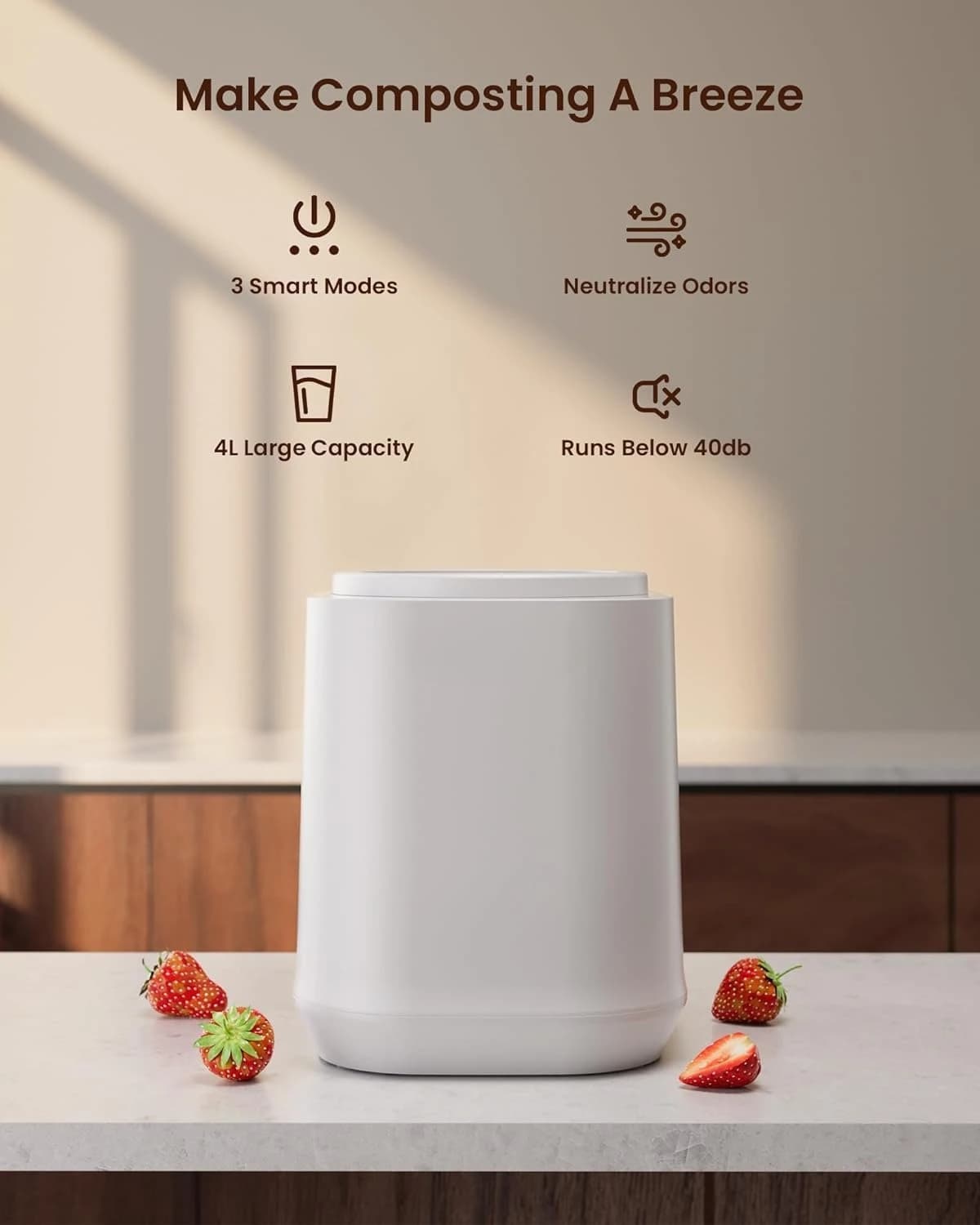 Compositore elettrico per cucina, contenitore per compost da appoggio intelligente da 4 litri, inodore | Basso rumore | Pulizia automatica | Vendite dirette in fabbrica