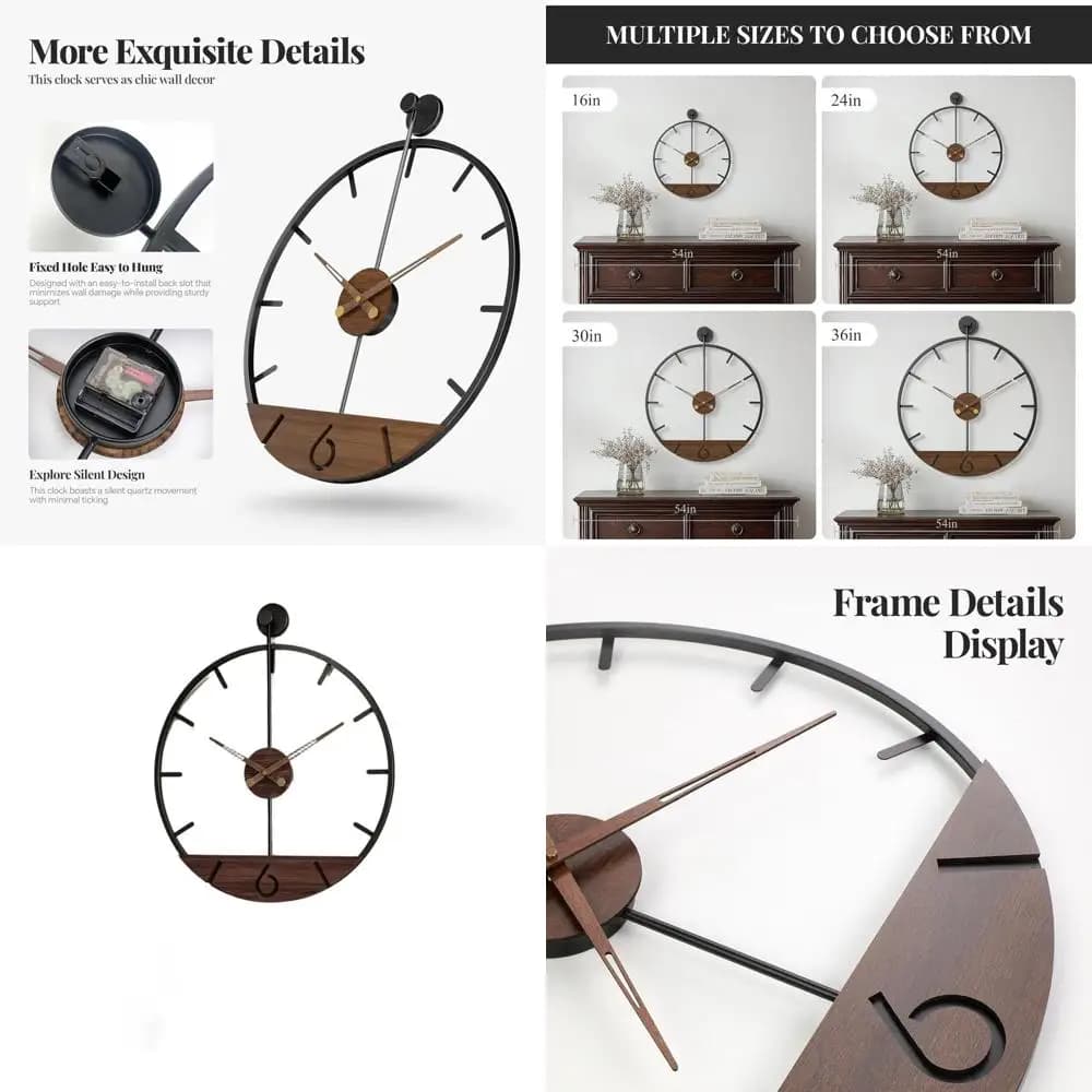 Oversize Silent Wall Clock from 36 Inches, Black Metal Frame with Walnut Dial, Ideal for Living, Kitchen, Office, or