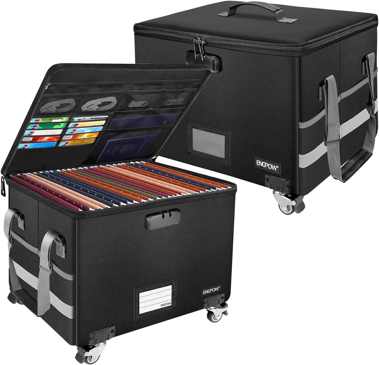 Scatola Portadocumenti Ignifuga con Ruote, Contenitore per Documenti Pieghevole con Serratura, Organizzatore Portadocumenti con Ruote e Tasche, Cassettiera Portatile per Ufficio Domestico, Sicura per Appendere Cartelle Formato Letter/Legal, Confezione da 2