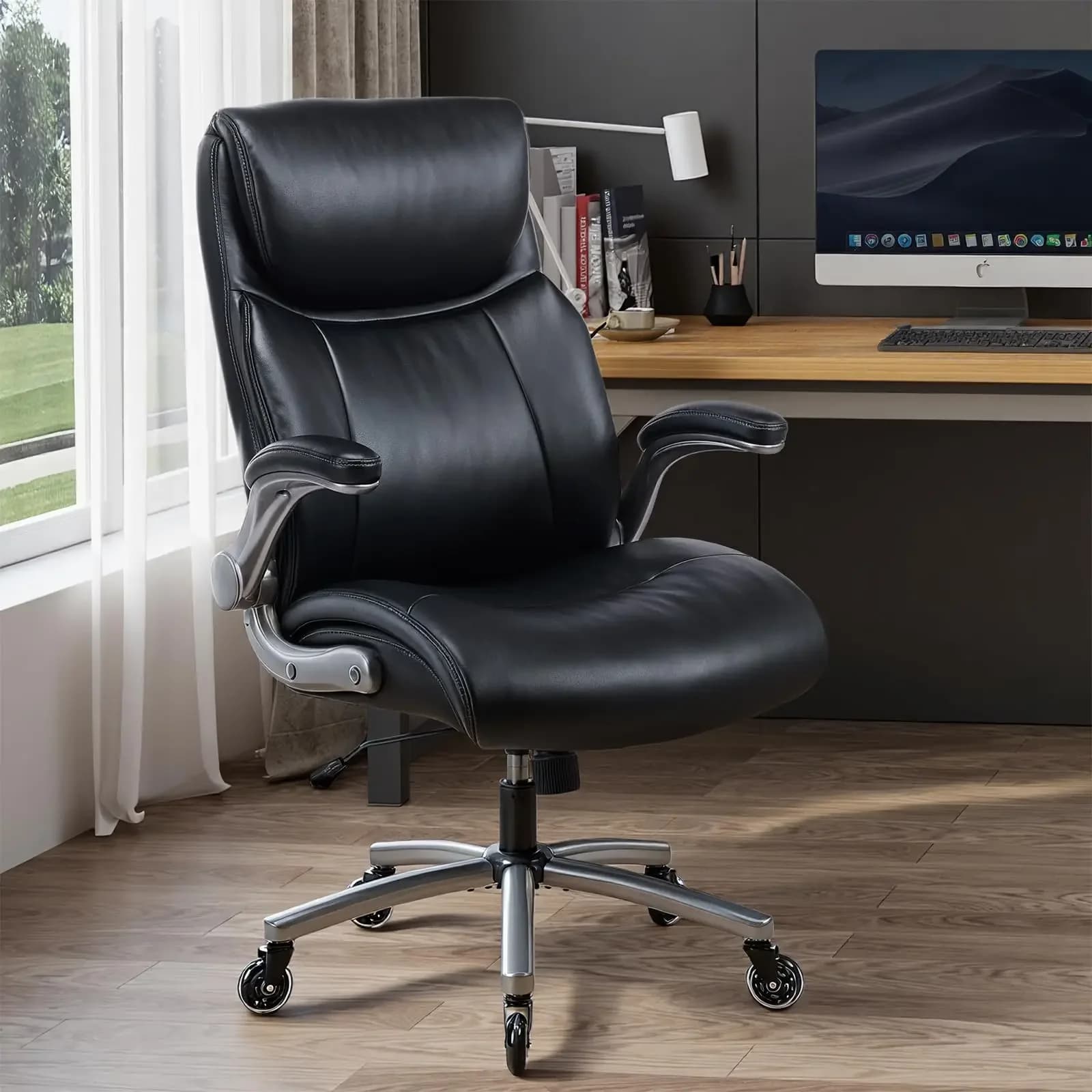 Ergonomic High-Back Executive Office Chair With Lumbar Support Flip-Up Arms PU Leather Black