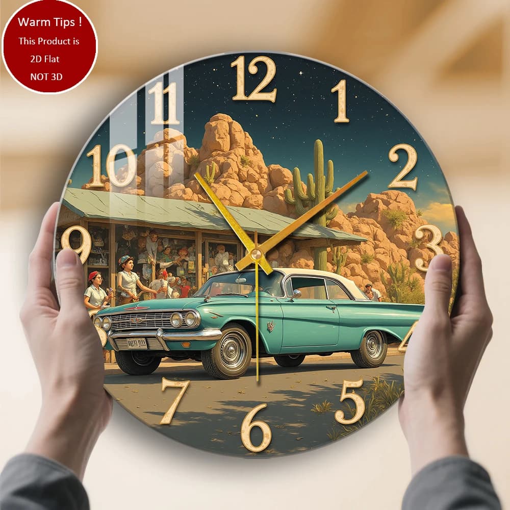 Tempered Glass Wall Clock for Vintage Car Desert Shop Cactus Night Sky suitable for wall decorations or table displays everywhere