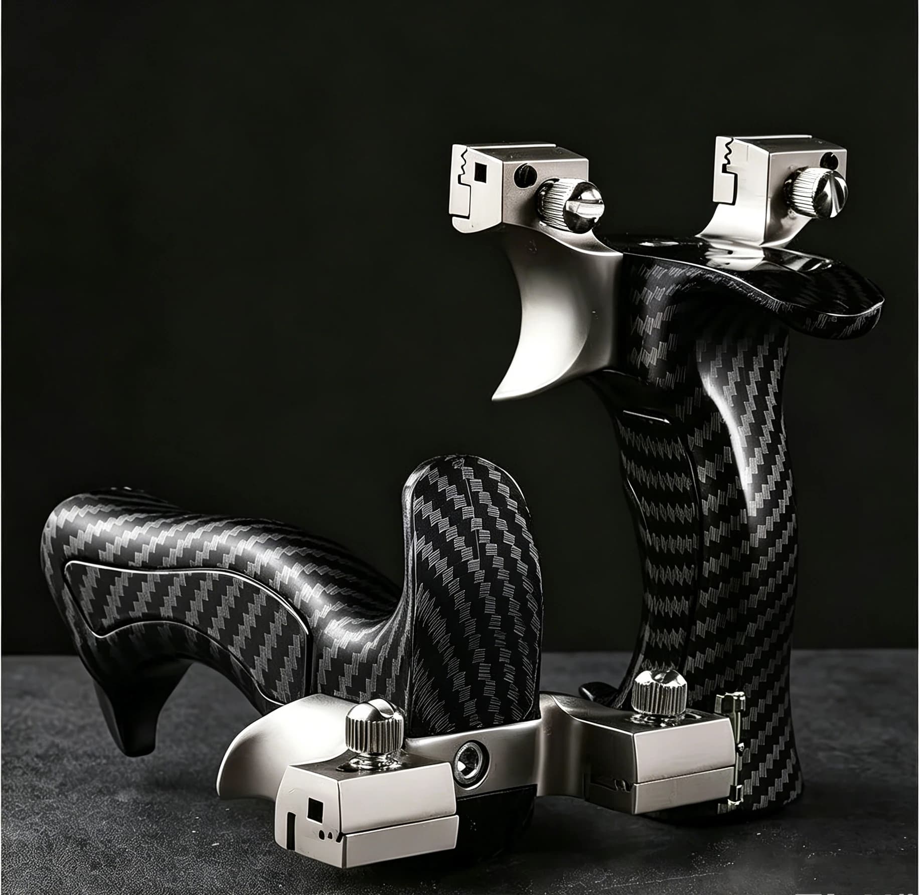 Carbon Fiber Precision Slingshot. Ultra-lightweight ergonomic design. Professional competition & outdoor hunting gear. Improved accuracy for hunting and target shooting. Perfect for diverse outdoor environments.
