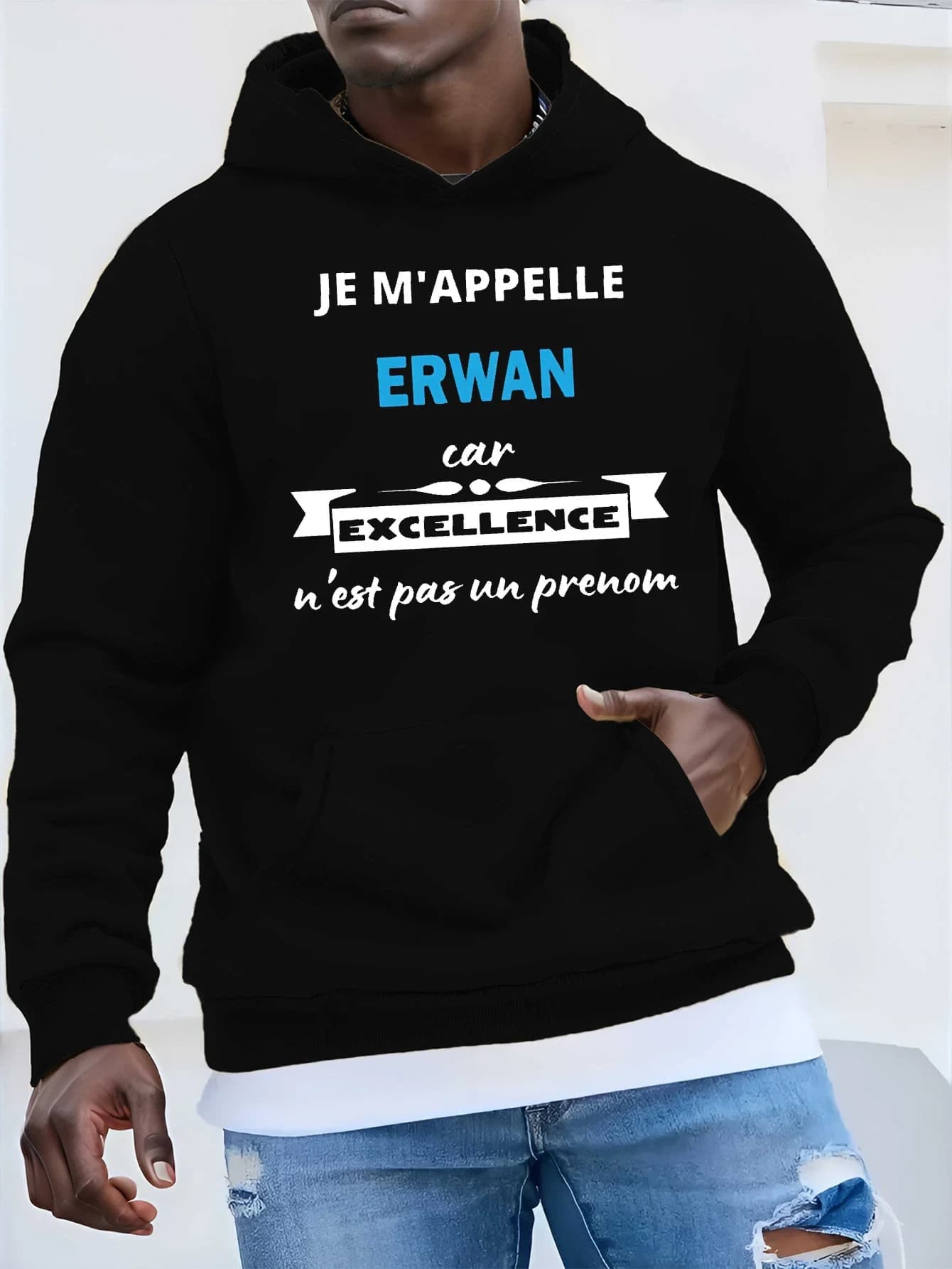 Felpa con cappuccio con slogan francese da uomo in stile francese, la felpa con cappuccio presenta stampe di testo francese, la frase francese "Je M'appelle Ewran" e casual
