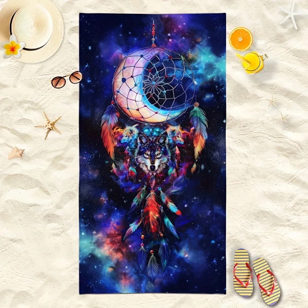 Dreamcatcher Wolf Beach Towel Galaxy Boho Wolf Moon Microfiber Towel Quick Dry Sand Free Bath Towel