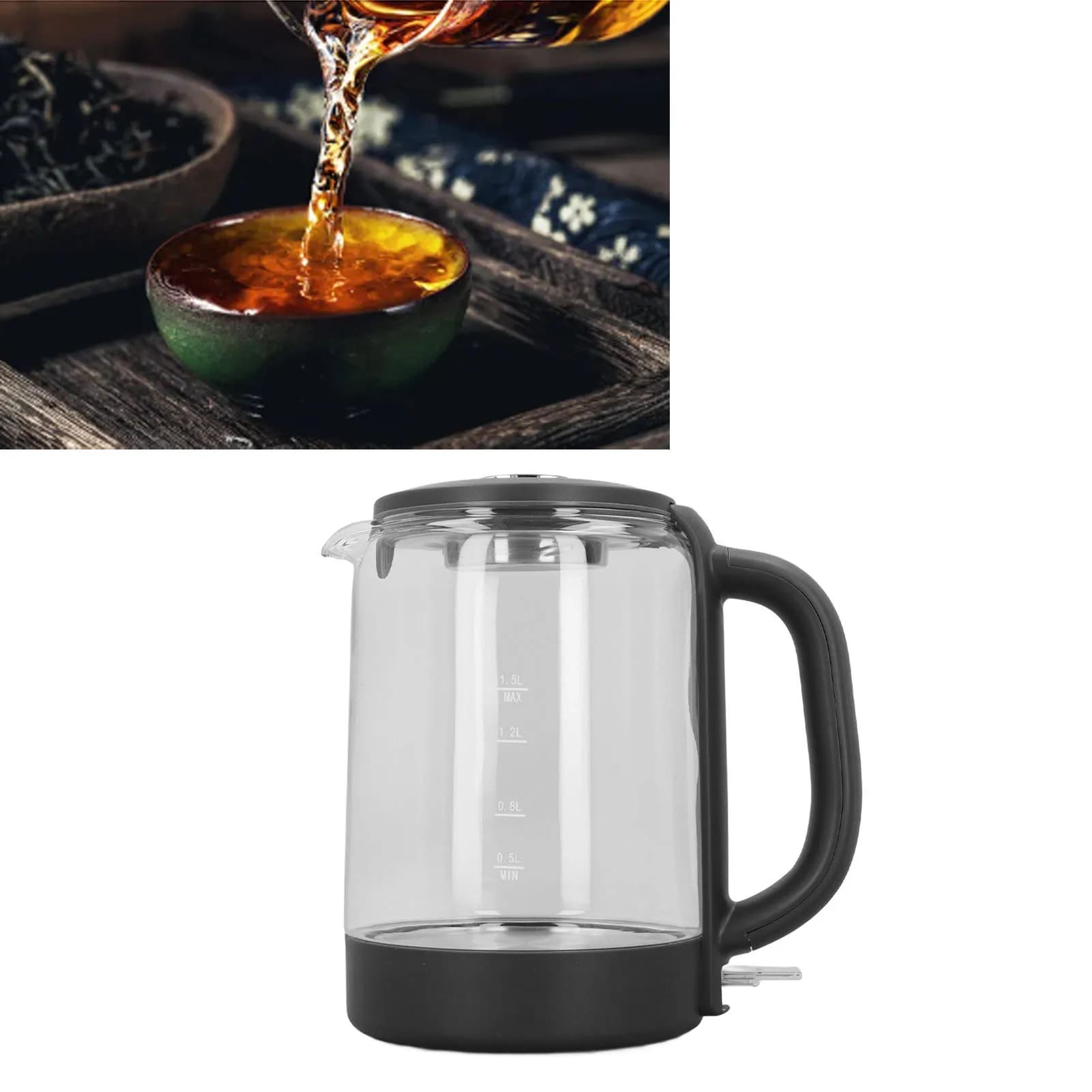 Bollitore elettrico in vetro Bollitore per acqua calda da 1,5 litri Teiera Caldaia Riscaldatore Spegnimento automatico Anti bollitura a secco