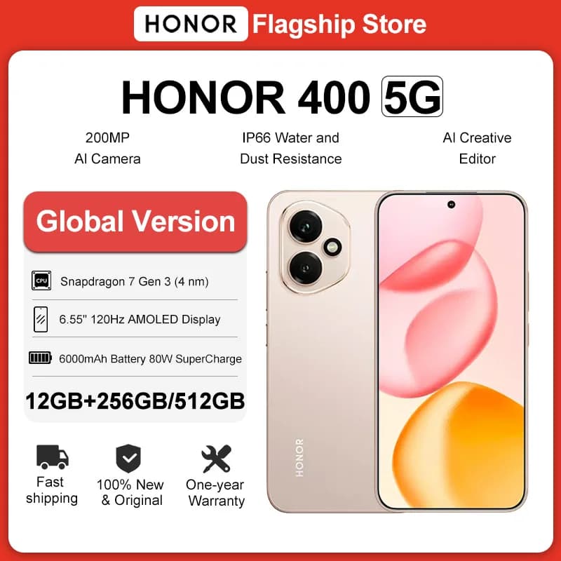 100% originale HONOR 400 Versione globale 5G Smartphone Display AMOLED da 6,55 pollici Snapdragon 7 Gen 3 6000mAh Batteria 80W SuperCharge NFC