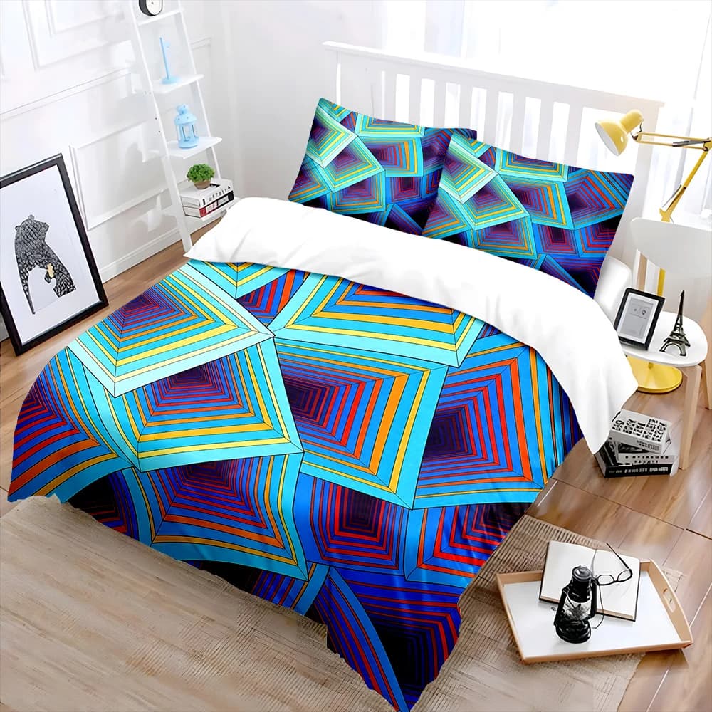 Set di biancheria da letto con stampa dal design geometrico colorato e sovrapposto, 1 copripiumino, 2 federe per adulti e bambini, regalo di lusso, misura completa