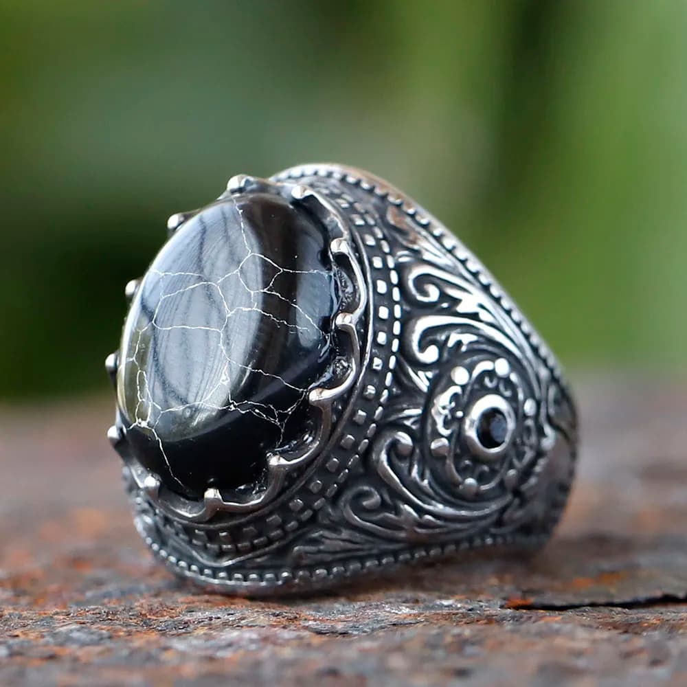 Anelli vintage fatti a mano con zirconi neri turchi Anelli retrò da uomo in acciaio inossidabile con pietra occhio di tigre Gioielli classici di fidanzamento per matrimonio