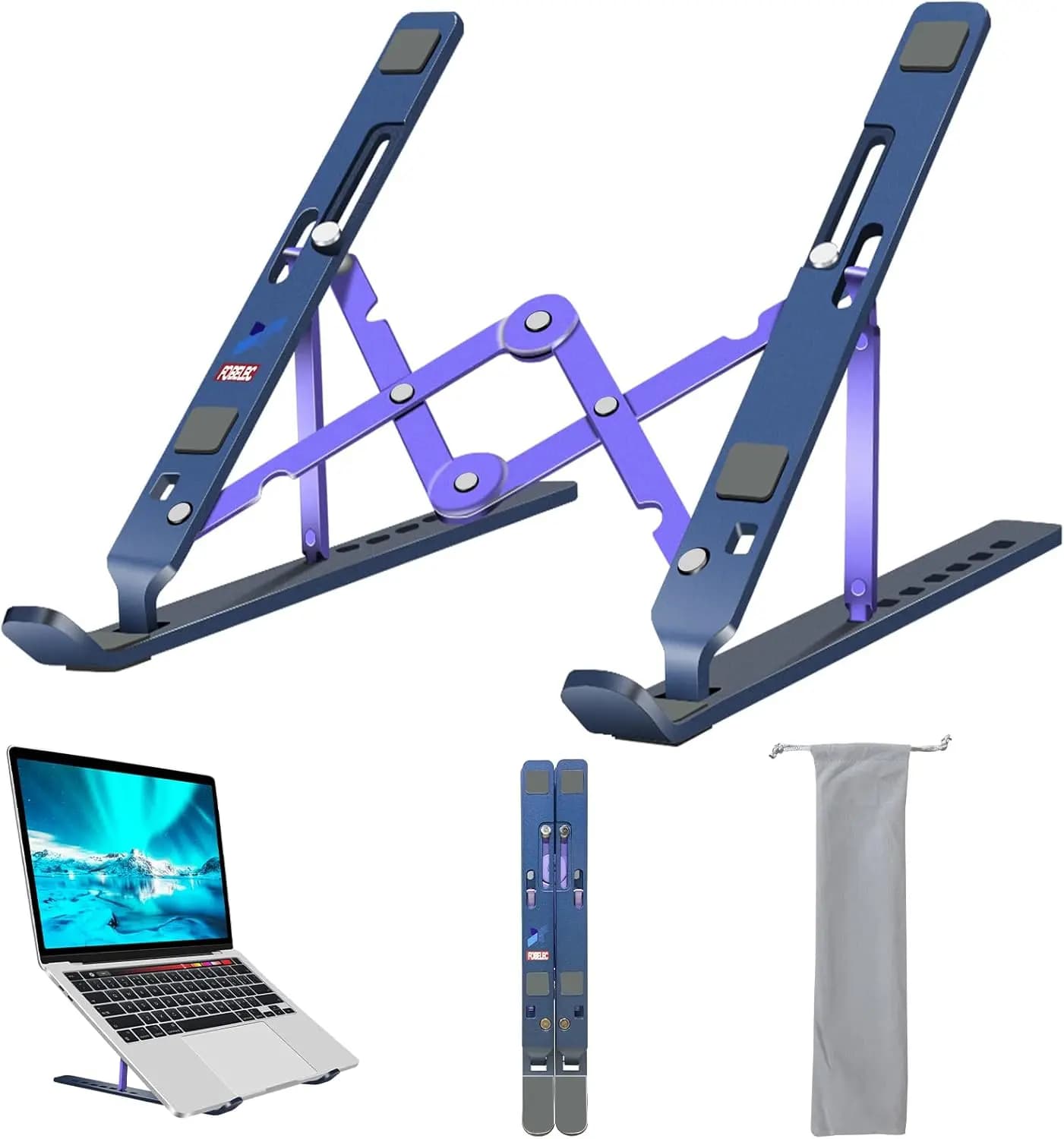 Supporto Regolabile in Alluminio per Laptop, Pieghevole e Portatile per Dispositivi da 10-15.6", Riser Ergonomico con Raffreddamento, Blu