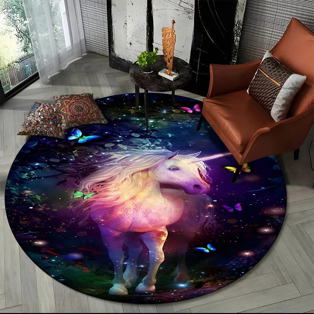Unicorn Cartoon Animal Round Carpet Rug for Living Room Children's Bedroom Sofa Decor,Kid Paly Game Area Rug Non-slip Floor Mat
