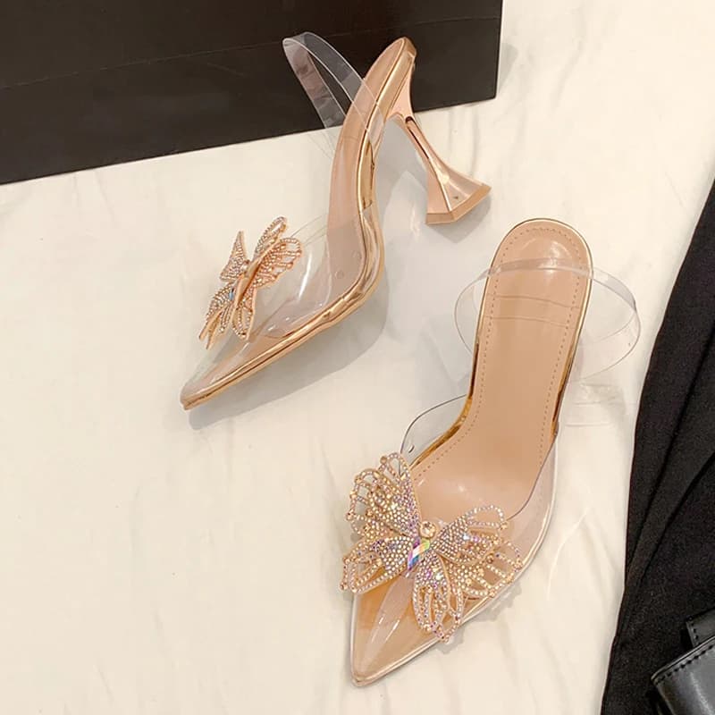 Liyke Elegant Pointed Toe Strange High Heels Wedding Prom Shoes Fashion Rhinestone Butterfly Women Pumps PVC Transparent Sandals