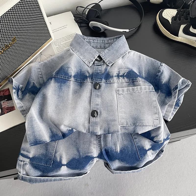 Completo Estivo per Bambino, Nuovo Set Alla Moda con Camicia Tie-Dye in Denim e Pantaloncini, Abbigliamento Carino per Bambini