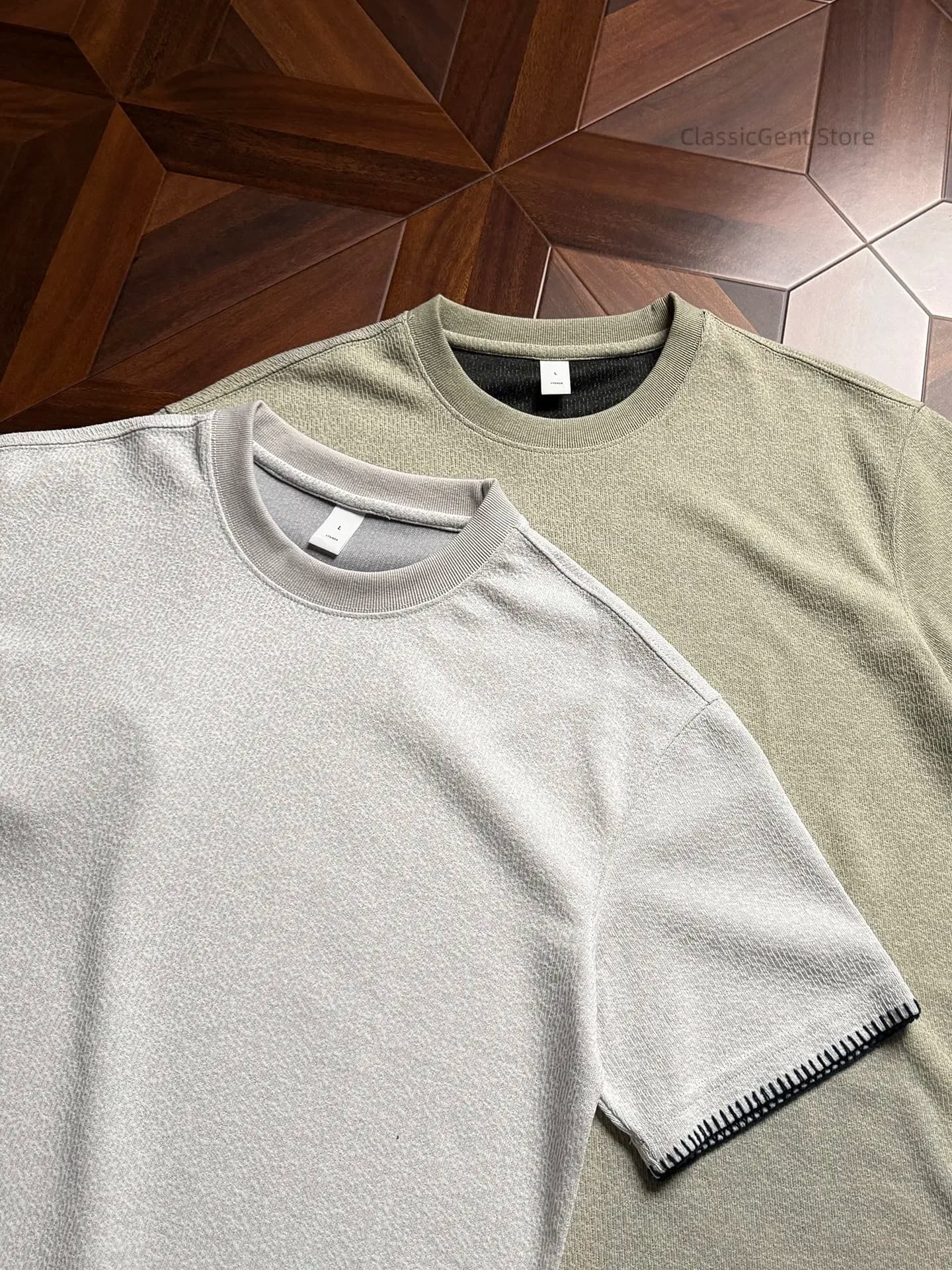 Contrasting Shell Needle Edging 9.1oz Loose Short Sleeve T-Shirt Clean Fit Knitted Sweater